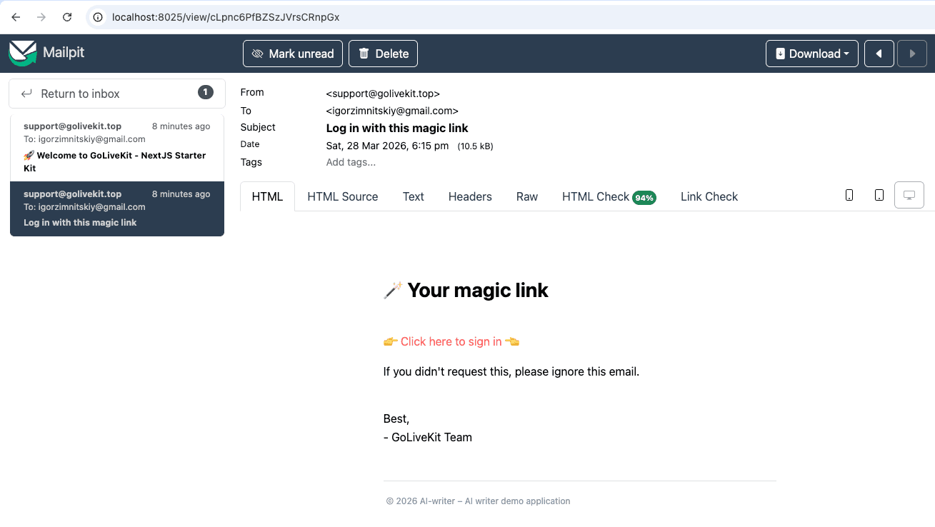 Mailpit inbox and email preview